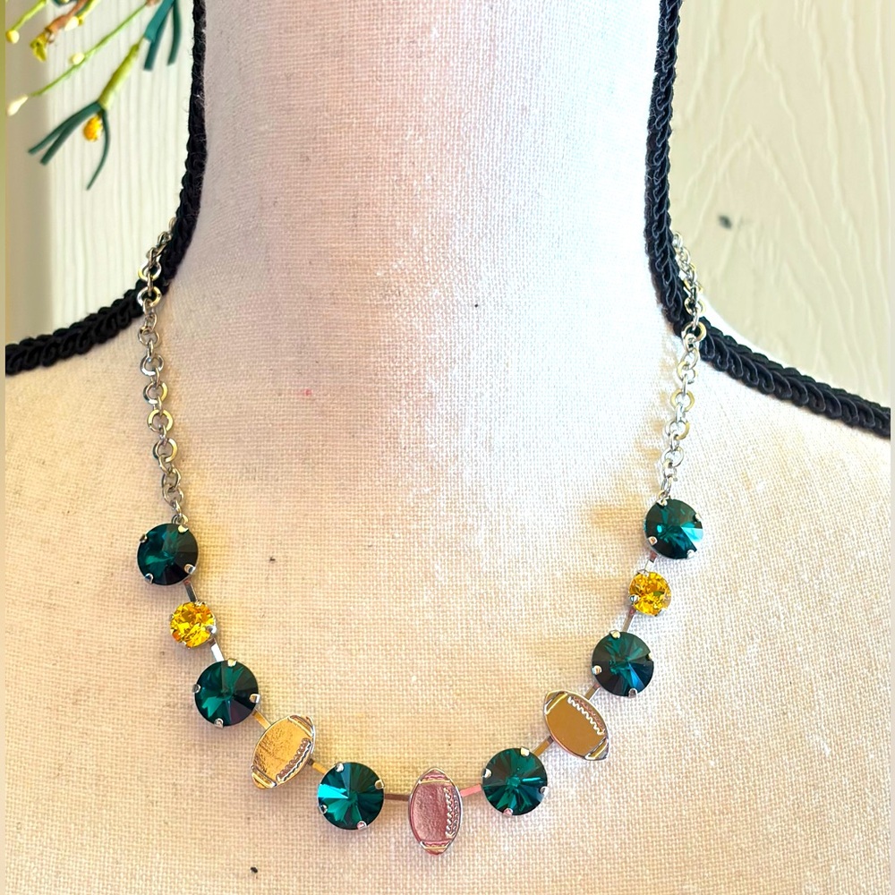 Green and Gold Football Necklace with Swarovski Crystals - NWT